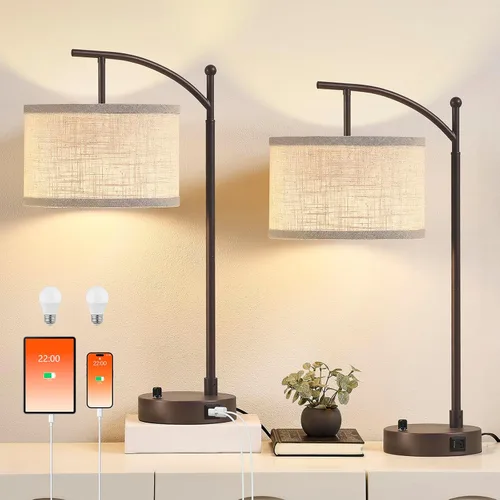 Vista 12 de Lámpara de mesa para sala de estar y dormitorio, lámpara de 23.5" con puertos USB C+A, lámpara de noche para mesita con pantalla de tela de lino
