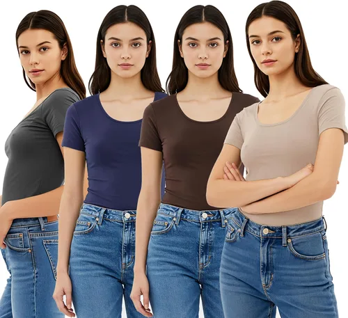 Vista 105 de Emmalise - Camiseta de manga corta para mujer, cuello redondo, estilo básico, pack de valor, tallas junior y grandes