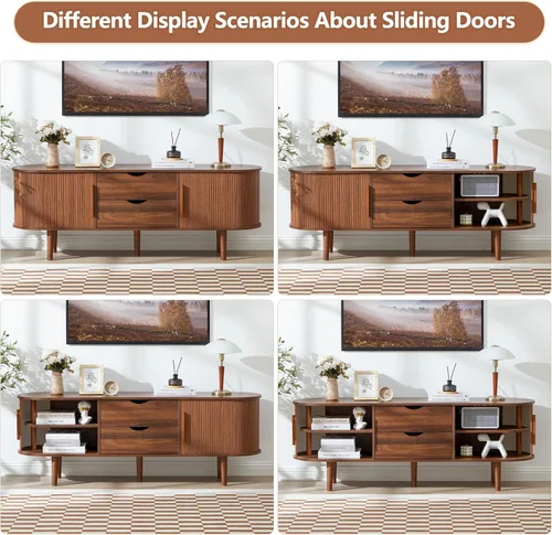 Vista 56 de Soporte de TV, mesa consola multimedia con puerta corredera y compartimento de almacenamiento, centro de entretenimiento moderno con almacenamiento