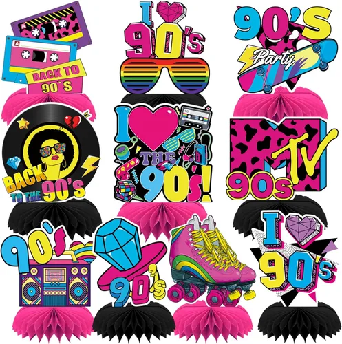 Vista 19 de 10 piezas de decoraciones de fiesta de discoteca de los años 70, centros de mesa de nido de abeja de los años 70 para temática retro, suministros