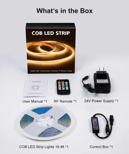 Vista 9 de Tira de luces LED COB, 16.4 pies, intensidad regulable, color blanco (2700K-6500K), luces LED para dormitorio con control remoto RF, 24V, 2800 LED