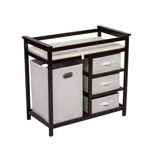 Vista 6 de Kinfant Cambiador de bebé muebles de bebé con cesta de lavandería 3 cestas de almacenamiento y almohadilla con cajones marrón