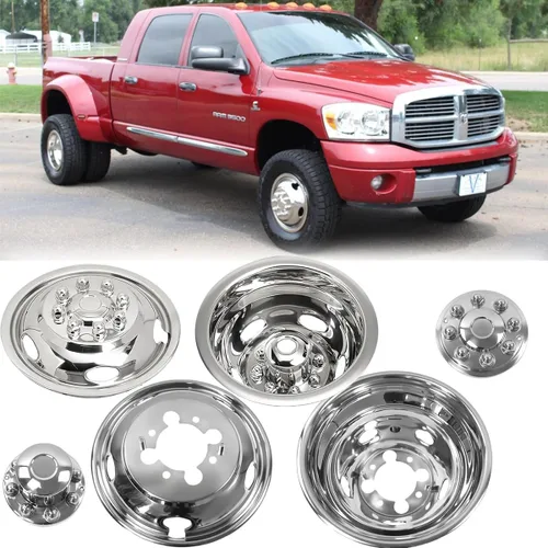 Vista 16 de K16A - Simulador de rueda doble de acero inoxidable pulido de 16 pulgadas, 4 piezas de tapacubos a presión, cubierta de rueda de 6 tuercas y 18