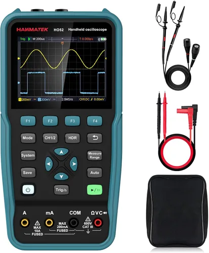 HANMATEK Osciloscopio digital portátil de 50 Mhz de ancho de banda con 2 canales HO52 3.5 pulgadas, mini osciloscopio TFT 2 en 1 y multímetro
