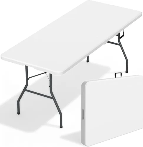 Vista 8 de FDW Mesa plegable de 6 pies, mesa portátil plegable de plástico para fiesta de picnic con asa de transporte (blanco, 6 pies)