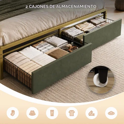 Vista 4 de LIKIMIO Marco de cama tamaño King con 2 cajones y estación de carga Cama de plataforma con cabecera de almacenamiento tapizada, no necesita somier