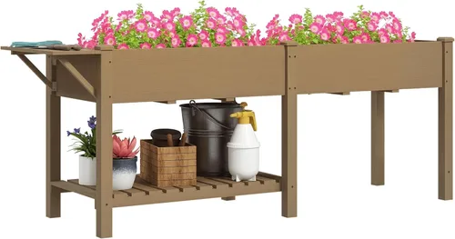 Vista 12 de Outsunny Cama de jardín elevada, maceta de madera elevada con estante de almacenamiento, agujeros de drenaje y forro para patio trasero, patio, Negro