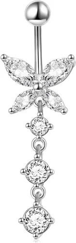 Sterling Silver Dangle Belly Button Rings Stud Belly Rings ButterflyHeartFlowerRound Belly Rings for Women Navel Rings CZ Body Piercing