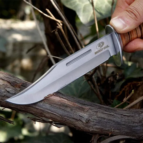 Vista 8 de Mossy Oak, juego de 2 piezas de cuchillo Bowie, cuchillo de caza con hoja fija y mango de cuero, funda incluida