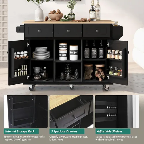 Vista 56 de LUMISOL Carrito de isla de cocina con ruedas de bloqueo con 2 cajones y 4 gabinetes, isla de cocina rodante con estantes ajustables, mesa de madera