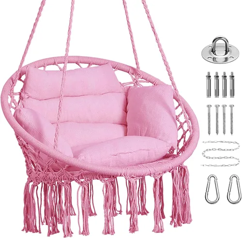 Vista 14 de Goutime - Silla hamaca con columpio colgante de macramé, con cojín y kit de herramientas, columpios boho para adultos para exteriores, patio, Beige