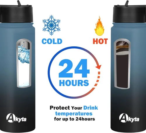 Vista 4 de Akyta Botella de agua de 24 onzas, botella de agua deportiva con tapa con popote, tapa de boquilla, acero inoxidable aislado al vacío, botella