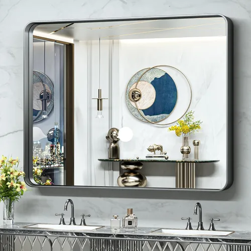 Vista 72 de TokeShimi Espejo de pared de baño de níquel cepillado de 20 x 30 pulgadas, marco de metal, esquina redonda, rectangular, para decoración del hogar