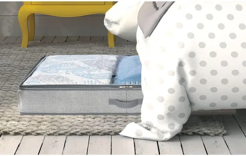 Vista 3 de mDesign Bolsa organizadora de tela suave debajo de la cama para ropa, accesorios, lino, panel superior de fácil visión, tapa con cremallera de 2