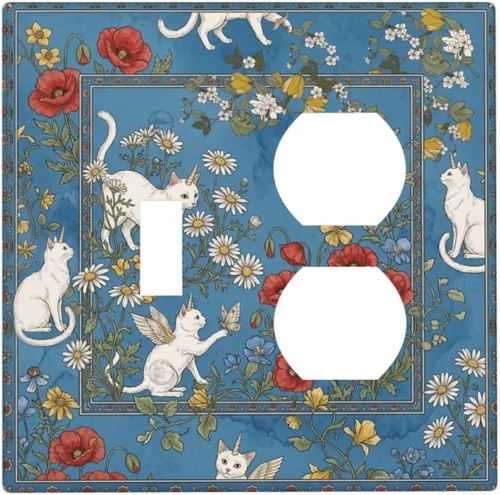 Vista 19 de Cubiertas decorativas para tomacorrientes, fondo azul, gato blanco, margarita, floral, 2 bandas, placa de pared de 1 banda, interruptor de luz