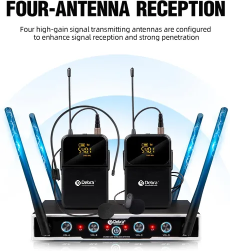 Vista 2 de D Debra Sistema de Micrófono Inalámbrico de Audio Pro DU4004 UHF 4 x 16 Canales Ajustables Micrófono Inalámbrico de Mano Lavalier Auricular, Ideal