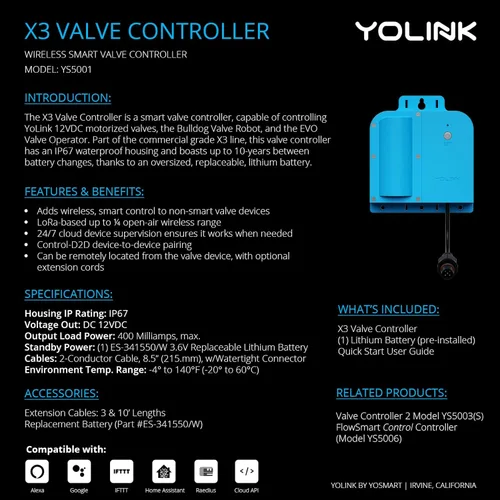 Vista 2 de YoLink Kit de controlador de válvula X3, válvula de bola motorizada de latón de 1/2 pulgada, LoRa largo alcance, litio de más de 10 años, D2D