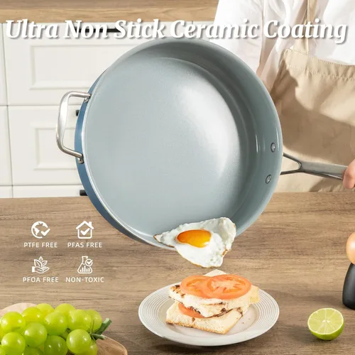 Vista 2 de Sartén Salteadora Antiadherente con Tapa de 5 QT Sartén Profunda para Freír con Mango Auxiliar de Acero Inoxidable de 12 Pulgadas Sartén Grande