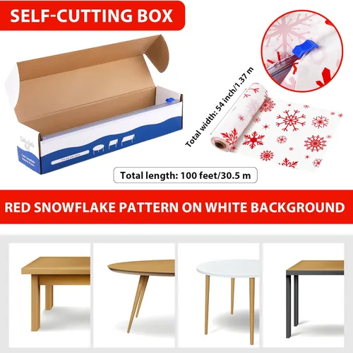 Vista 2 de Kochorie Rollo de Mantel de Copos de Nieve Rojo de 100 Pies x 54 Pulgadas con Caja Cortadora, Cubierta de Mesa Impresa con Copos de Nieve Temática