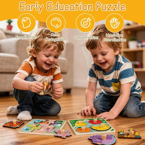 Vista 3 de Rompecabezas de madera para niños pequeños – 4 piezas de patrones de animales ecológicos con asas – Aprendizaje de habilidades motoras finas