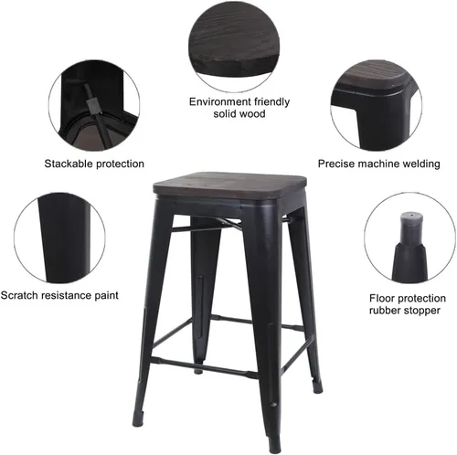 Vista 37 de GIA Taburete de mostrador sin respaldo de 24 pulgadas, cantidad de 4, bronce con asiento de madera clara