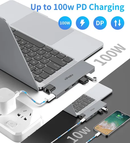 Vista 6 de Adaptador multipuerto USB C Hub para MacBook Pro 2019/2018/2017, adaptador USB C a HDMI dual 8 en 1 4K 60Hz, Ethernet de 1 Gbps, lector de tarjetas