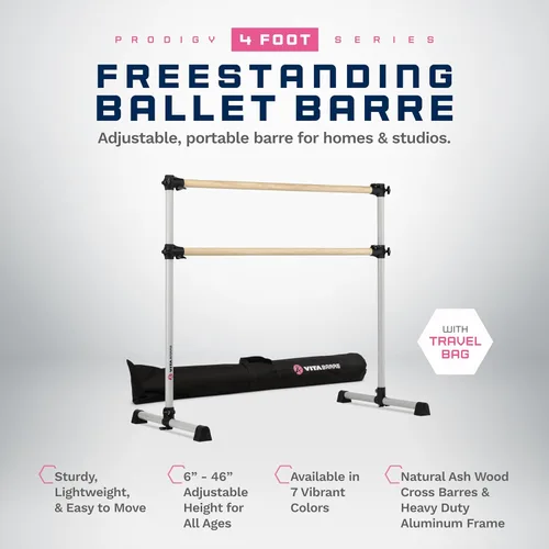 Vista 2 de VITA Barre - Barra de ballet doble portátil independiente, Prodigy, barras de 4 pies, plata satinada, con bolsa, altura ajustable, fabricada