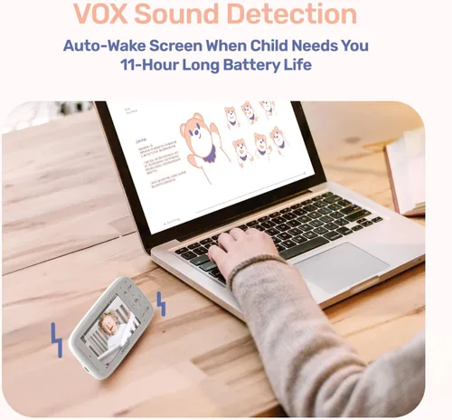 Vista 5 de Monitor de bebé WiFi 1080P con cámara y audio, cámara de video con zoom panorámico, pantalla IPS de 4 pulgadas, visión nocturna HD, detección