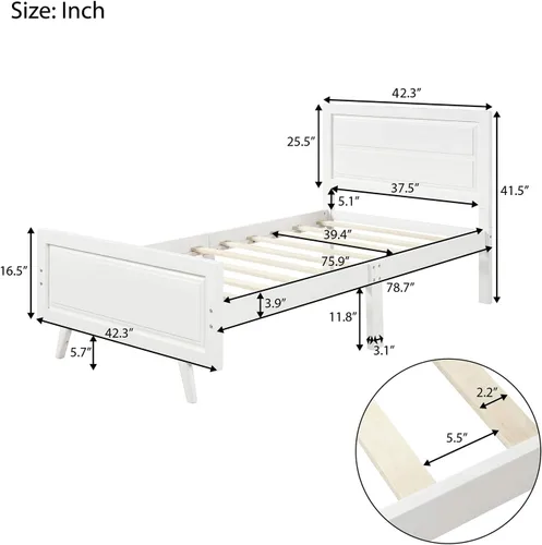 Vista 2 de Anwick Base de cama de plataforma de madera de tamaño individual para niños, base de colchón con cabecera y soporte de listones de madera para niñas