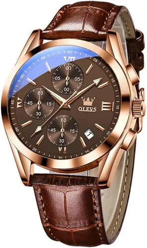 OLEVS Reloj de cuero casual para hombre, reloj cronógrafo de cara grande para hombre, reloj de vestir de moda fácil de leer, reloj analógico de