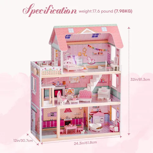 Vista 13 de ROBOTIME Casa de muñecas de madera, juego de casas de muñecas con 24 muebles para muñecas de 4, 5, 6 pulgadas, regalo de casa de muñecas para niñas