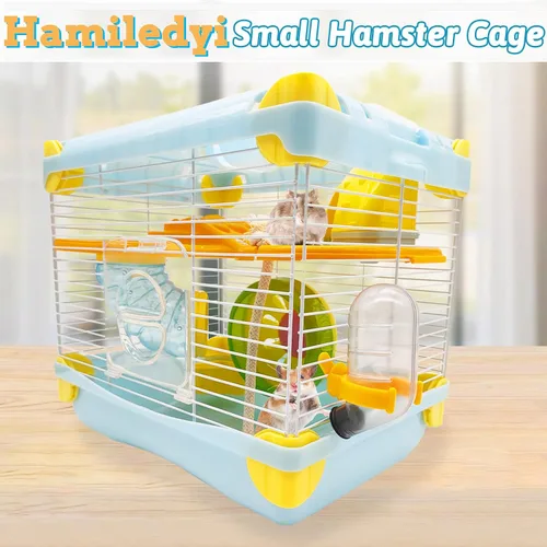Vista 2 de Hamiledyi Jaula portátil para hámster de 2 niveles, hábitat de hámster enano, jaula de viaje para animales pequeños con rueda de ejercicio, recinto