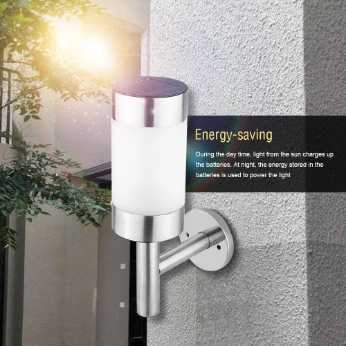 Vista 4 de 2 piezas de luz solar LED, lámpara de luz solar montada en la pared al aire libre de acero inoxidable para paisaje jardín patio sensor lámpara hogar