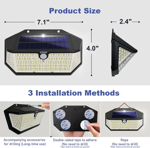 Vista 7 de Luces solares para exteriores, 266 LED con sensor de movimiento y 3 modos de iluminación, IP65 impermeable, 5 lados de luz gran angular de 220°