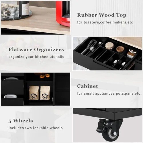 Vista 78 de LUMISOL Carrito de isla de cocina con ruedas de bloqueo con 2 cajones y 4 gabinetes, isla de cocina rodante con estantes ajustables, mesa de madera