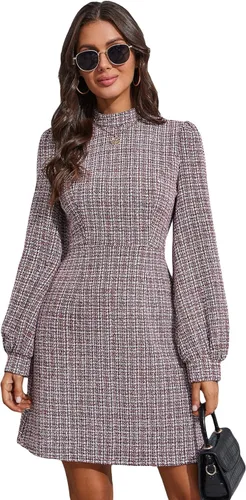 WDIRARA Vestido casual de manga larga con cuello alto falso para mujer, vestido de línea A