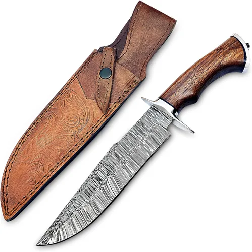 Cuchillo de caza de Damasco hecho a mano de 14" con funda de cuero - Ideal para cortar, camping al aire libre - Cuchillo grande de hoja fija de