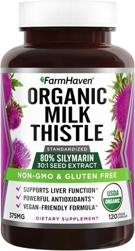 FarmHaven Cápsulas de Cardo Mariano Orgánico USDA | Extracto de Semilla Concentrado 30X y 80% de Silimarina Estandarizada - Apoya la Función