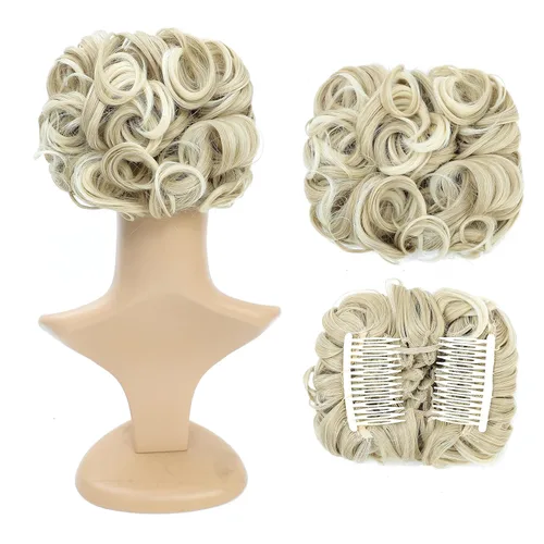 Vista 19 de SWACC Extensión de moño de cabello rizado corto y desordenado, fácil de estirar, peines para el cabello, extensión de cola de caballo con clip