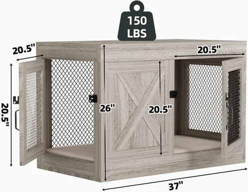 Vista 7 de Xilingol Mueble de jaula para perros de esquina con puertas dobles, mesa auxiliar de madera de 36 pulgadas para perros con malla, jaula/casa