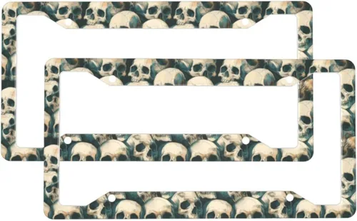 2 Pcs Car License Plate Frames for Women Men - Vintage Skull Print Solid Aluminum License Plate Cover for Car Accessories for Women Men with Screws