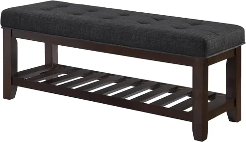 Vista 4 de 24KF Banco Otomano Grande Rectangular Tapizado con Capitoné de Tela de Lino, Banco Acolchado con Estante de Madera Maciza - Granito Banco de granito