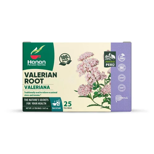 Vista 4 de Hanan Peruvian Secrets Valeriana - Té de hierbas Raíz de valeriana 100% natural 25 bolsas de té Ayuda naturalmente a aliviar el estrés