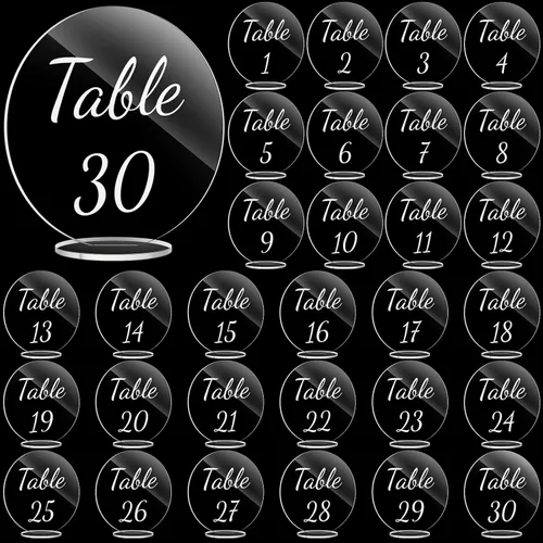 Vista 7 de Sintuff 30 números de mesa acrílicos para boda, números de mesa transparentes con soportes para recepción de boda, letreros de boda de 4.72 Dorado