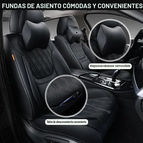 Vista 2 de Fundas de asiento de coche color negro, par de fundas de asiento delantero de cuero transpirable con reposacabezas, funda universal de asiento