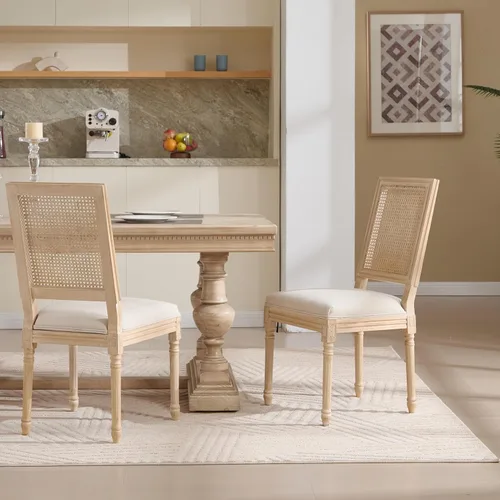 Vista 11 de Dining Chairs Set of 2, Table & Chair Sets with Natural Rattan Round Back, Upholstered Stackable Dining Room Chairs for Living Room, Kitchen