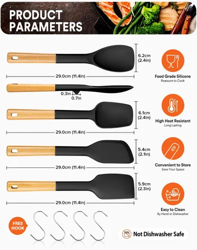 Vista 2 de Juego de cucharas de espátula de silicona, ideal para mezclar, plegar, raspar y esparcir, silicona mate resistente sin BPA, cuchara de goma con Negro