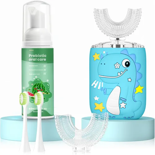 Vista 9 de Cepillo de dientes eléctrico en forma de U para niños, dinosaurio sónico, de boca completa, con 4 cabezales de cepillo suave, automático, 6 modos