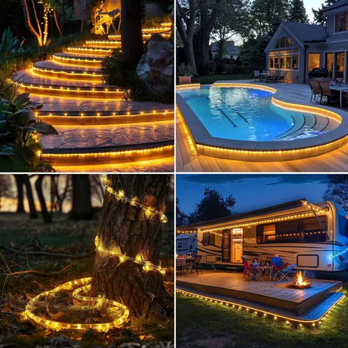 Vista 3 de Luces de cuerda solares impermeables de 39 pies, 100 LED, batería recargable de alta capacidad, carga dual, luz de cuerda para exteriores, control
