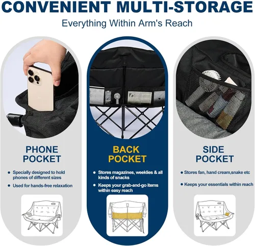 Vista 8 de Silla de camping doble acolchada para 2 personas, acolchada resistente